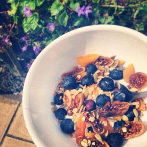 A picture of natural yoghurt with sunflower/chia/quinoa seeds, apricots, blueberries and figs