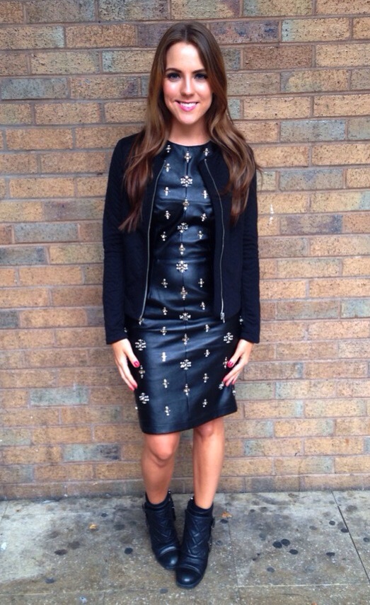 A picture of a girl wearing a Miss Selfridge faux leather embellished dress 