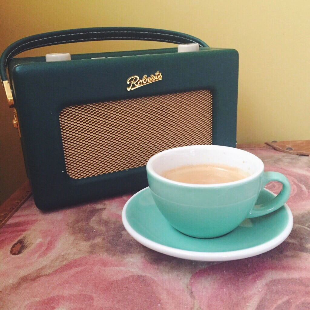 A picture of a Roberts radio and coffee