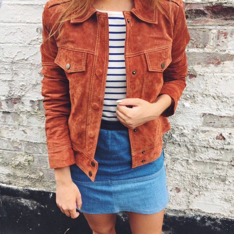 Fashion blogger wearing ASOS suede jacket and Zara stripe top