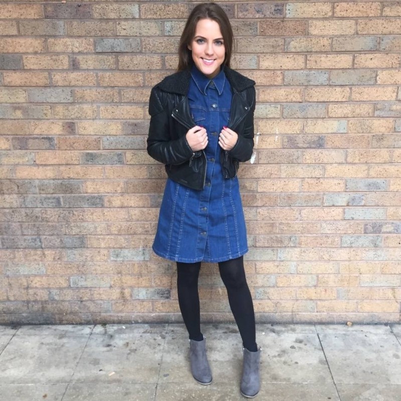 Fashion blogger wearing Zara denim dress, Wolford cashmere tights and River Island grey boots