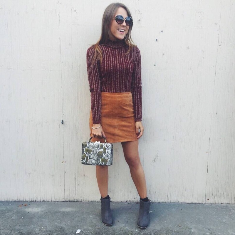 Fashion blogger wearing an ASOS roll neck, tan suede skirt and grey boots
