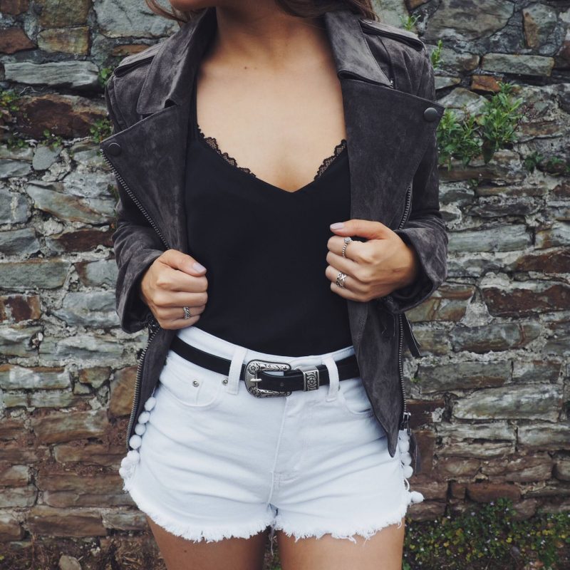 Blogger Georgia Hathaway wearing Boohoo shorts, ASOS jacket, black lace bralet