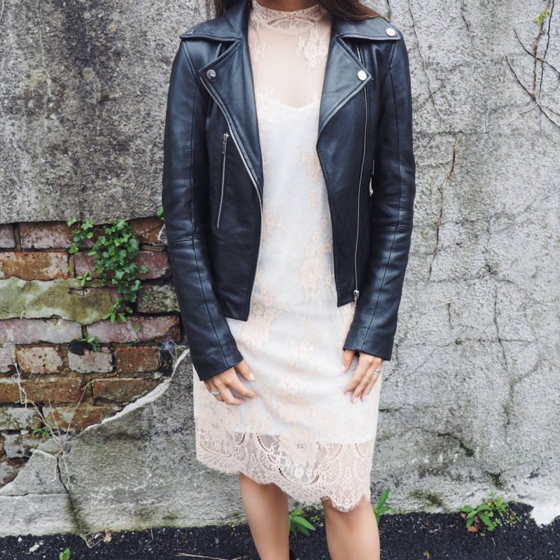 Grungy glam style. ASOS lace dress, Zara leather jacket