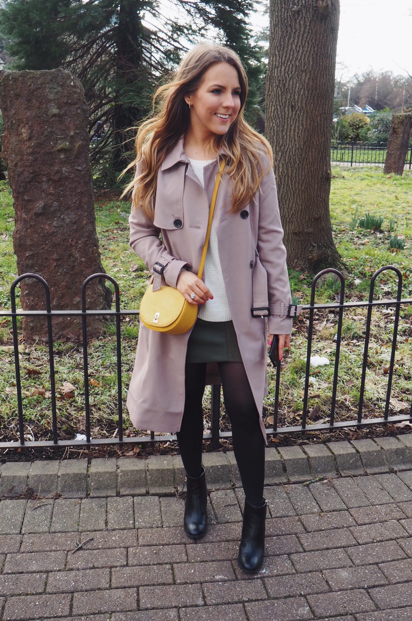 Oasis Martini Mac, Khaki suede skirt, yellow cross body bag, cream cable knit jumper, high heeled black boots